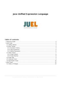 Java Unified Expression Language  Table of contents 1 Welcome to JUEL!................................................................................................................................. 2 2 JUEL Guide......