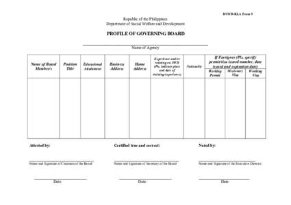 DSWD-RLA Form 9  Republic of the Philippines Department of Social Welfare and Development  PROFILE OF GOVERNING BOARD