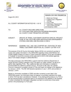 REASON FOR THIS TRANSMITTAL  August 30, 2012 ALL COUNTY INFORMATION NOTICE NO. I[removed]