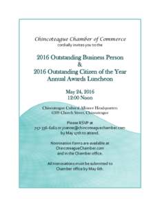 Chincoteague Chamber of Commerce cordially invites you to the 2016 Outstanding Business Person & 2016 Outstanding Citizen of the Year