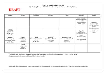 Centre for Social Studies, Warsaw MA Teaching TimetableSecond teaching period February 5th - April 28th . DRAFT Monday