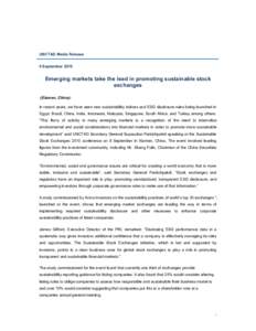 UNCTAD Media Release 9 September 2010 Emerging markets take the lead in promoting sustainable stock exchanges (Xiamen, China):
