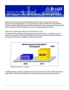 BROADCAST TELEVISION AND RADIO IN  African-American Communities More than 22.4 million American households (representing 59.7 million consumers) receive television exclusively through broadcast signals – not a pay serv