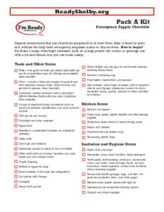 ReadyShelby.org  Pack A Kit Emergency Supply Checklist