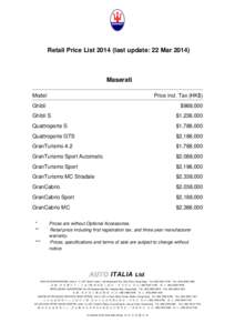 Retail Price List[removed]last update: 22 Mar[removed]Maserati Model  Price incl. Tax (HK$)
