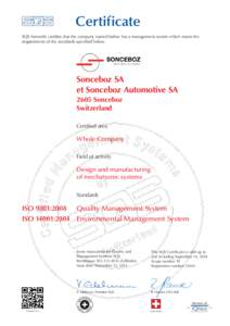 Certificate SQS herewith certiﬁes that the company named below has a management system which meets the requirements of the standards speciﬁed below. Sonceboz SA et Sonceboz Automotive SA