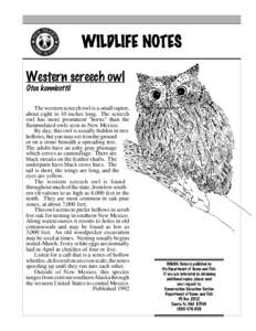 WILDLIFE NOTES Western screech owl Otus kennicottii The western screech owl is a small raptor, about eight to 10 inches long. The screech owl has more prominent 