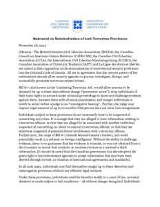 Statement on Reintroduction of Anti-Terrorism Provisions November 28, 2012 (Ottawa) - The British Columbia Civil Liberties Association (BCCLA), the Canadian Council on American-Islamic Relations (CAIR-CAN), the Canadian 
