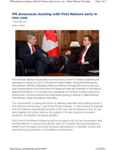 PM announces meeting with First Nations early in new year - Prime Minister of Canada  Page 1 of 2 PM announces meeting with First Nations early in new year