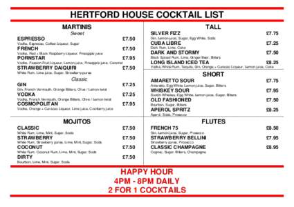 HERTFORD HOUSE COCKTAIL LIST MARTINIS TALL  Sweet