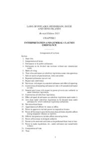 LAWS OF PITCAIRN, HENDERSON, DUCIE AND OENO ISLANDS Revised Edition 2015 CHAPTER I INTERPRETATION AND GENERAL CLAUSES ORDINANCE