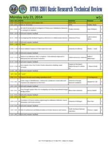 DTRA 2014 Basic Research Technical Review Monday July 21, 2014 Start - End 9:00 - 9:30 9:30 - 9:40