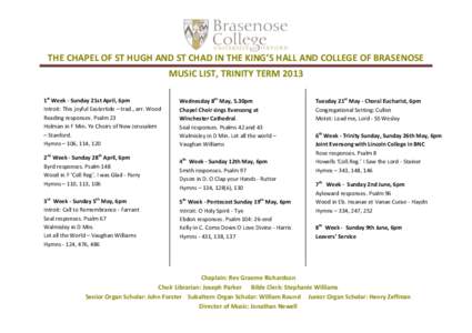 THE CHAPEL OF ST HUGH AND ST CHAD IN THE KING’S HALL AND COLLEGE OF BRASENOSE MUSIC LIST, TRINITY TERM 2013 1st Week - Sunday 21st April, 6pm Introit: This joyful Eastertide – trad., arr. Wood Reading responses. Psal