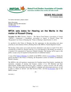 MFDA News Release- MFDA sets dates for Hearing on the Merits in the matter of Russell Chang