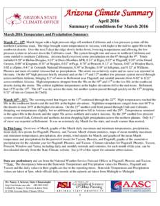 Arizona Climate Summary April 2016 Summary of conditions for March 2016 March 2016 Temperature and Precipitation Summary March 1st – 15th: March began with a high pressure ridge off southern California and a low pressu