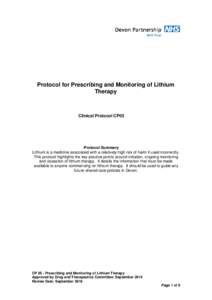 Protocol for Prescribing and Monitoring of Lithium Therapy Clinical Protocol CP05  Protocol Summary