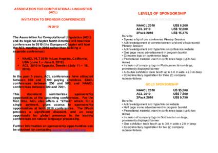 ASSOCIATION FOR COMPUTATIONAL LINGUISTICS (ACL) LEVELS OF SPONSORSHIP  INVITATION TO SPONSOR CONFERENCES