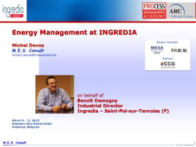 Energy Management at INGREDIA Michel Devos M.E.S. Consult Board member