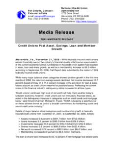 Media Release - Credit Unions Post Asset, Savings, Loan and Member Growth