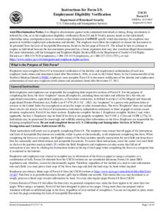 Instructions for Form I-9, Employment Eligibility Verification Department of Homeland Security U.S. Citizenship and Immigration Services  USCIS