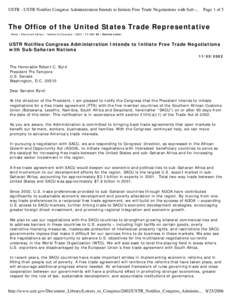 USTR - USTR Notifies Congress Administration Intends to Initiate Free Trade Negotiations with Sub-...  Page 1 of 5 The Office of the United States Trade Representative Home / Document Library / Letters to Congress
