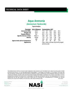 TECHNICAL DATA SHEET  Aqua Ammonia (Ammonium Hydroxide) Typical Analysis