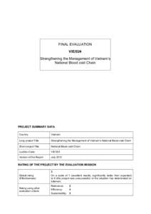 FINAL EVALUATION VIE/024 Strengthening the Management of Vietnam’s National Blood cold Chain  PROJECT SUMMARY DATA