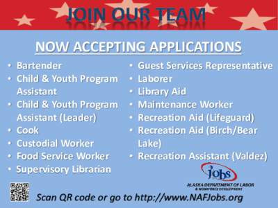 NOW ACCEPTING APPLICATIONS • Bartender • Child & Youth Program Assistant • Child & Youth Program Assistant (Leader)