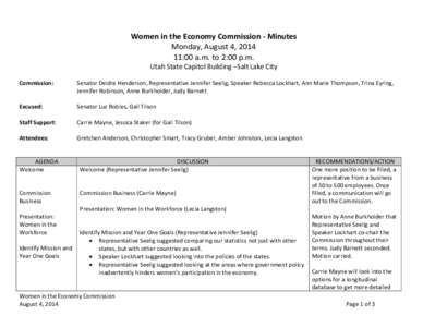 Women in the Economy Commission - Minutes Monday, August 4, [removed]:00 a.m. to 2:00 p.m. Utah State Capitol Building –Salt Lake City  Commission: