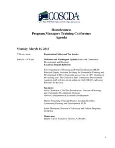 Homelessness Program Managers Training Conference Agenda Monday, March 14, 2016 7:30 am –noon