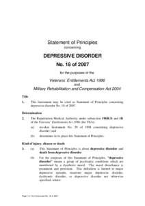 Statement of Principles concerning DEPRESSIVE DISORDER No. 18 of 2007 for the purposes of the