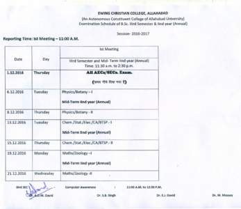 EWING CHRISTIAN COLLEGE,ALLAHABAD (An Autonomous Constituent College of Allahabad University) Examination Schedule of B.Sc. IlIrd Semester & IInd year (Annual) SessionReporting Time: 1st Meeting - 11:00 A.M.