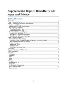 Supplemental Report: BlackBerry Z10 Apps and Privacy Table of Contents Introduction ................................................................................................................................ 2 Phase