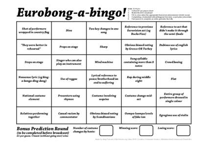 Eurobong-a-bingo!  HOW TO PLAY: 1. Collect £1 per player sheet 2. Watch the ESC broadcast 3. Fill in a box when the appropriate Eurovision phenomenon /cliché occurs