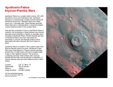 Apollinaris Patera Elysium Planitia, Mars Apollinaris Patera is a complex shield volcano 180 x 280 kilometers across and 5 kilometers high. Apollinaris features an unusually large complex summit caldera 85 kilometers acr
