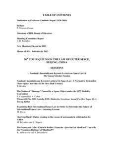 TABLE OF CONTENTS Dedication to Professor Vladimir KopalPreface T. Masson-Zwaan Directory of IISL Board of Directors Standing Committee Report