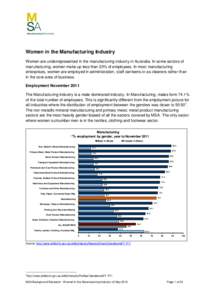 Women in the Manufacturing Industry Women are underrepresented in the manufacturing industry in Australia. In some sectors of manufacturing, women make up less than 20% of employees. In most manufacturing enterprises, wo