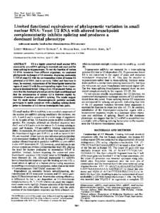 Proc. Natl. Acad. Sci. USA Vol. 88, pp[removed], August 1991 Genetics Limited functional equivalence of phylogenetic variation in small nuclear RNA: Yeast U2 RNA with altered branchpoint