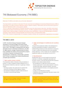 TKI Biobased Economy (TKI BBE) What does TKI BBE do and where can you find more information? The Topconsortium voor Kennis en Innovatie (TKI) (top consortium for knowledge and innovation) Biobased Economy (BBE) is one of