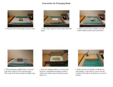 Instructions for Packaging Books  1. Wrap the book in tissue paper (using no tape). 4. When packaging multiple books, wrap each individual volume in tissue and kraft paper.
