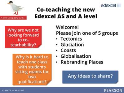 Co-teaching the new Edexcel AS and A level Why are we not looking forward to coteachability? Why is it hard to