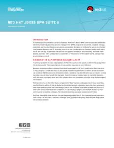 Red Hat JBoss BPM Suite 6 TECHNOLOGY OVERVIEW INTRODUCTION A business process initiative can be a challenge. Red Hat® JBoss® BPM Suite incorporates all the key elements needed by business process management (BPM) proje