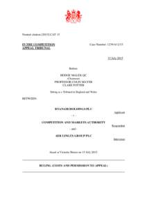 Ryanair Holdings Plc v Competition and Markets Authority – Ruling (Costs and permission to appealCAT] 15 | 16 Jul 2015