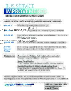 EFFECTIVE SUNDAY, JUNE 5, 2016 Service on these routes will change to better serve our community. ROUTE 4 Corrected Coquina Key note indicators (X’s).