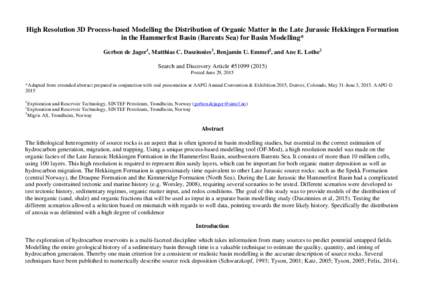 High Resolution 3D Process-based Modelling the Distribution of Organic Matter in the Late Jurassic Hekkingen Formation in the Hammerfest Basin (Barents Sea) for Basin Modelling,  #).