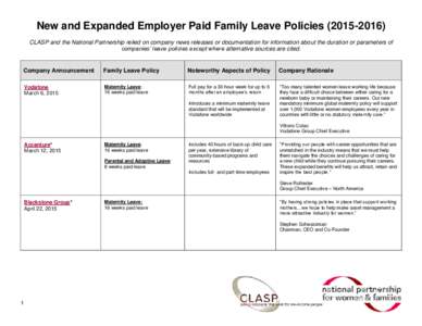 New and Expanded Employer Paid Family Leave PoliciesCLASP and the National Partnership relied on company news releases or documentation for information about the duration or parameters of companies’ leave 