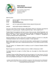 PRESS RELEASE FOR RELEASE UPON RECEIPT CITY OF LAKE WORTH, PARKING DIVISION 10 SOUTH OCEAN BOULEVARD LAKE WORTH, FLLAKEWORTH.ORG