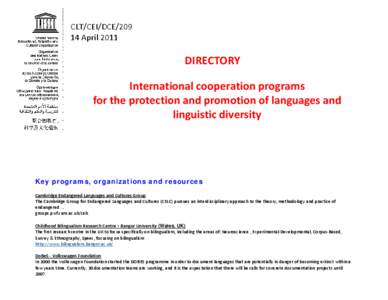 Directory: international cooperation programs for the protection and promotion of languages and linguistic diversity; 2011