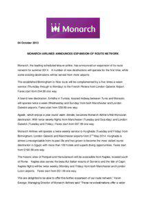 04 October[removed]MONARCH AIRLINES ANNOUNCES EXPANSION OF ROUTE NETWORK