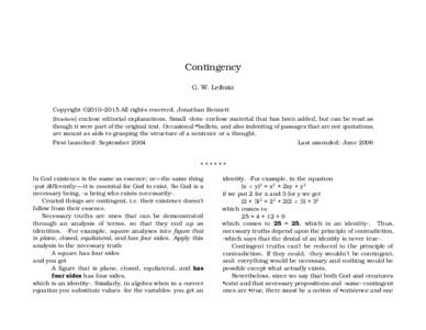 Contingency G. W. Leibniz Copyright ©2010–2015 All rights reserved. Jonathan Bennett [Brackets] enclose editorial explanations. Small ·dots· enclose material that has been added, but can be read as though it were pa